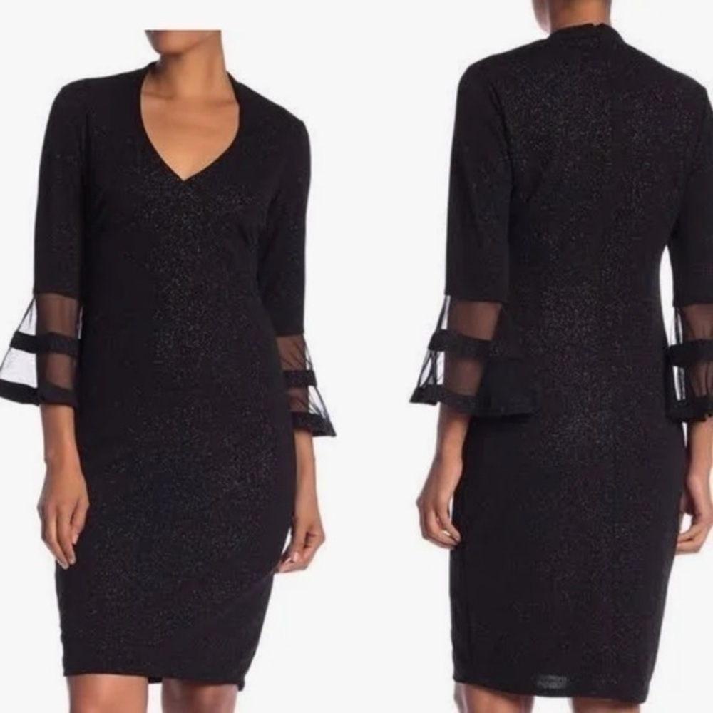 Marina Black Metallic Fleck Bell Sleeve Shift Dress Size 16